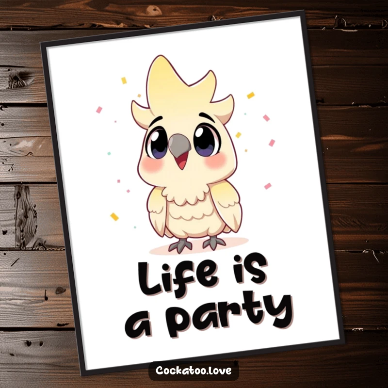 Funny Cockatoo Digital Art: Wide-eyed bird joyfully watching confetti fall, a celebration.