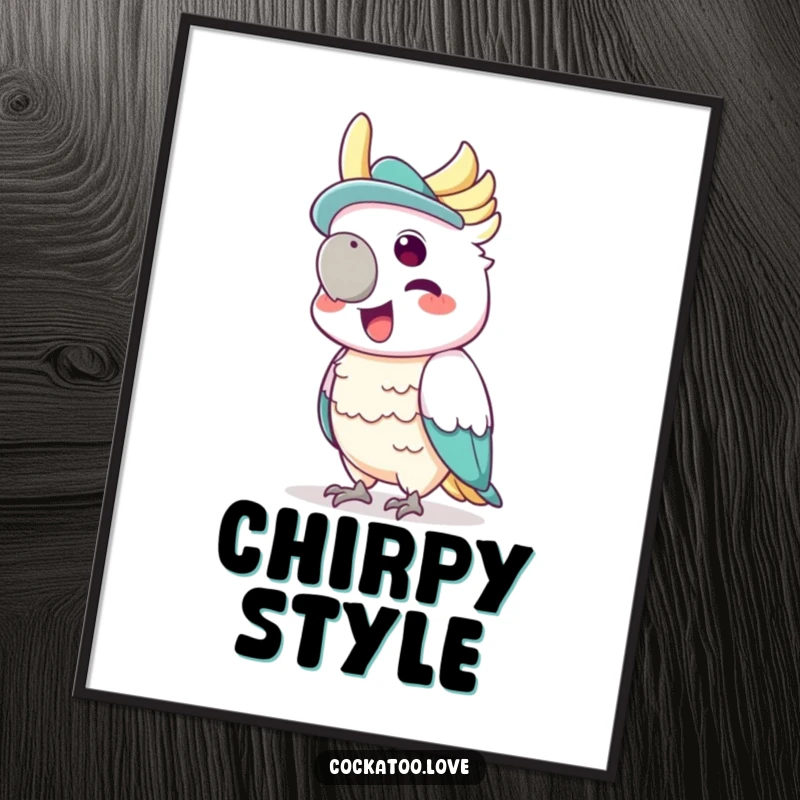 Funny digital art print of a cockatoo wearing a tiny hat, joyfully squawking with glee.