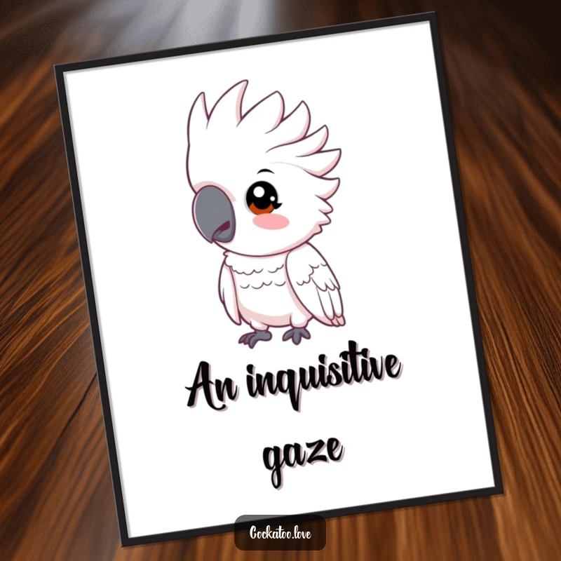 Funny cockatoo digital art print of a bird tilting its head inquisitively, full of charm.