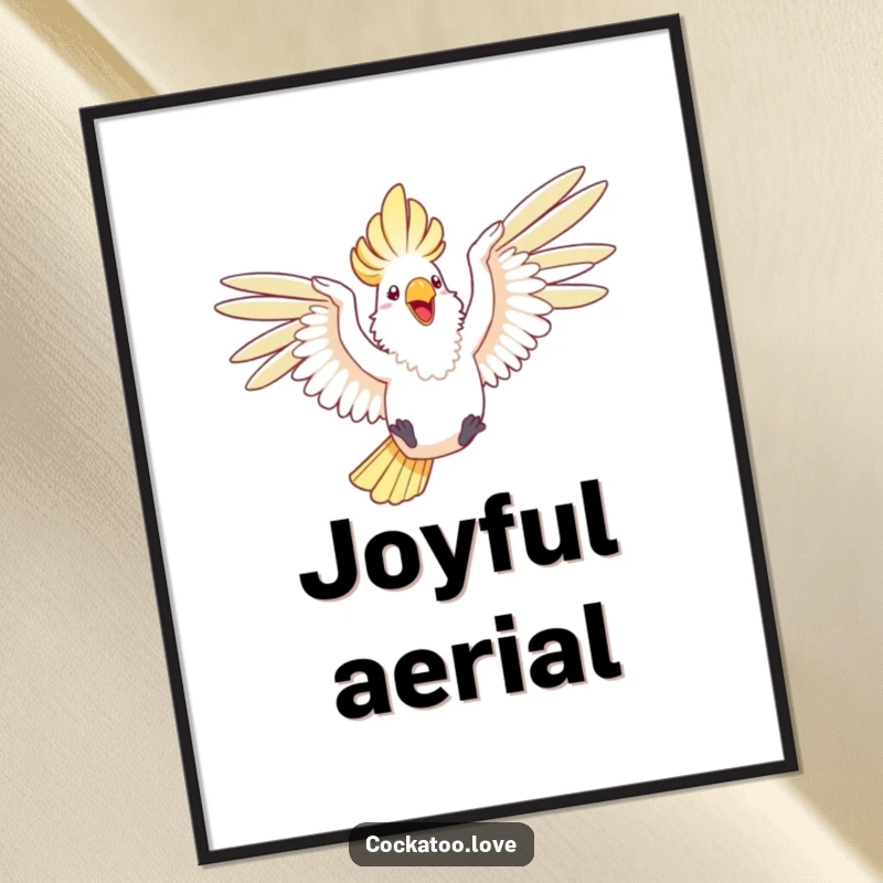 Funny digital art print of a happy cockatoo with wings outstretched, joyfully leaping through the air.