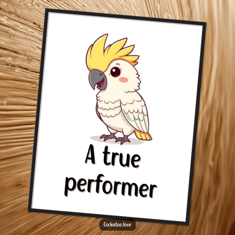 Funny cockatoo digital art print of a cheerful bird with a flamboyant crest nodding happily.