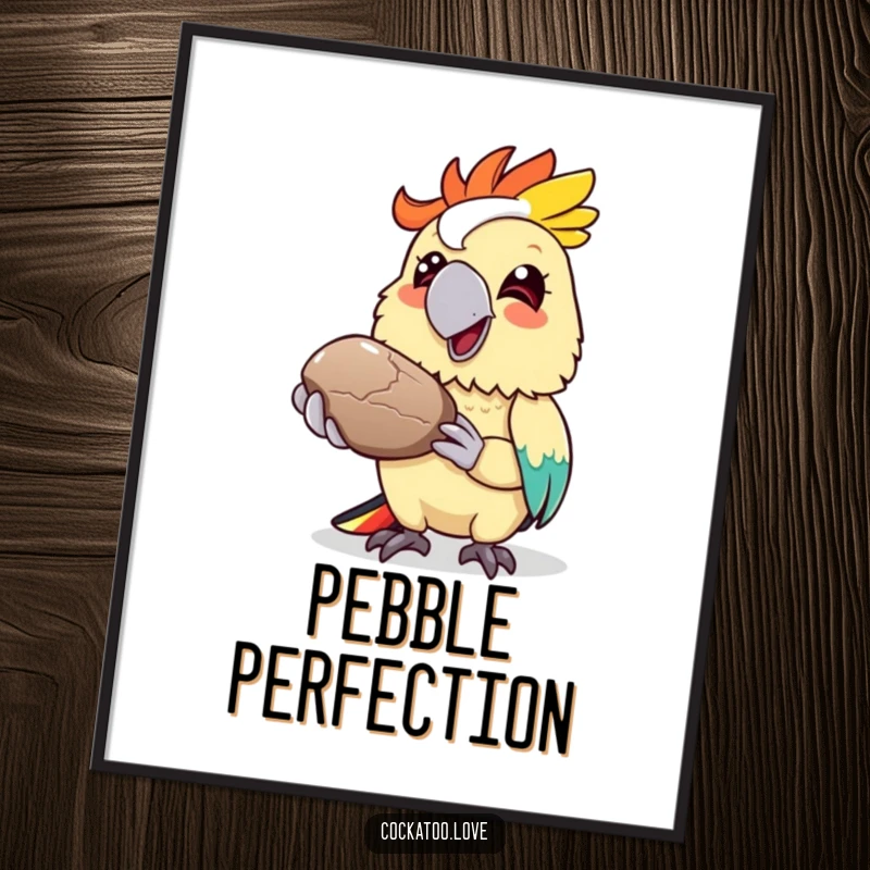 Funny cockatoo digital art print, colorful bird offering a shiny pebble with a grin, instant download, heartwarming design.
