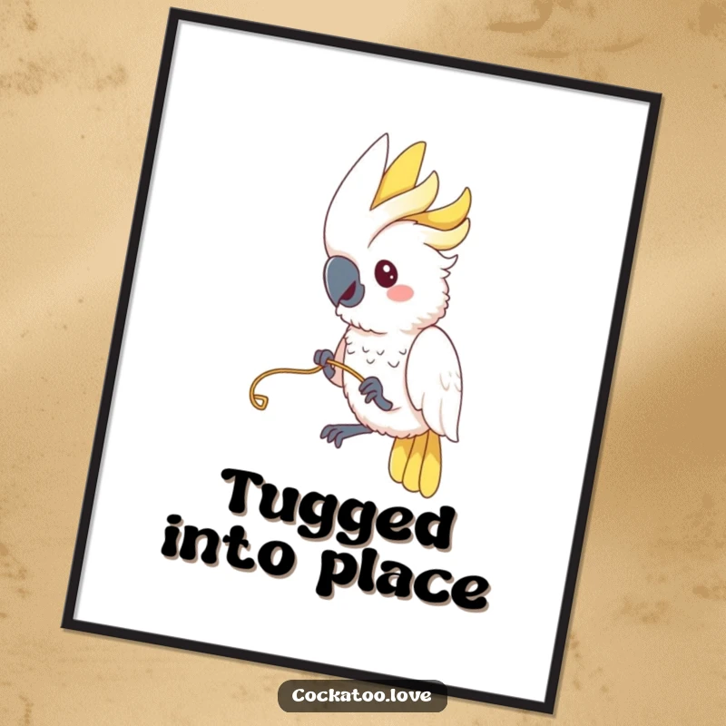 Funny Cockatoo Digital Art: A cockatoo is captured in a funny moment, playfully tugging on a string with great enthusiasm and personality.