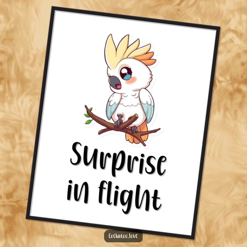 Funny digital art print of a surprised cockatoo with wide eyes, comically tumbling from a branch.
