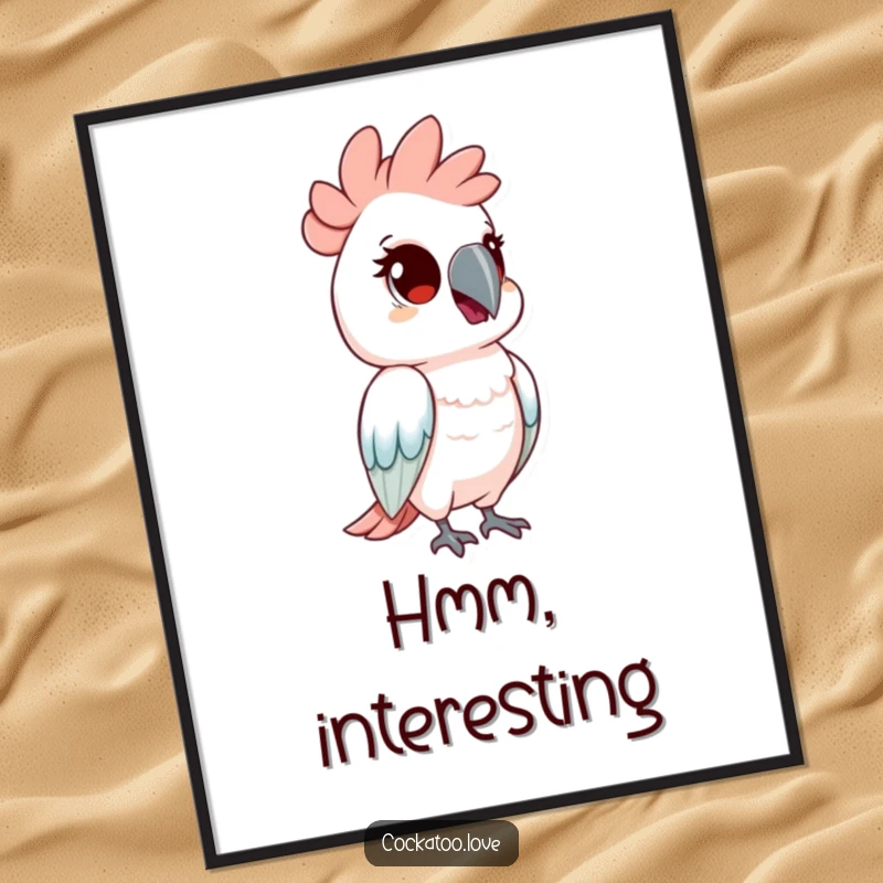 Funny digital art print of a cockatoo bird tilting its head with wide, curious eyes. This artwork inspires wonder and thoughtfulness.