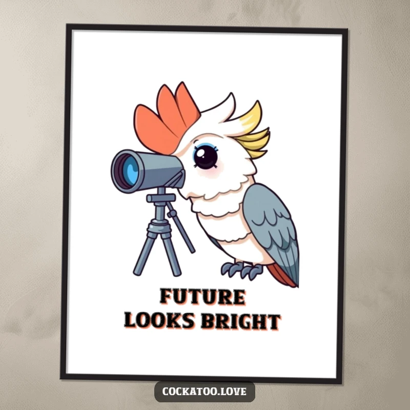 Funny cockatoo digital art print of a curious bird peering through a telescope with wonder, for instant humorous and inspiring decor.