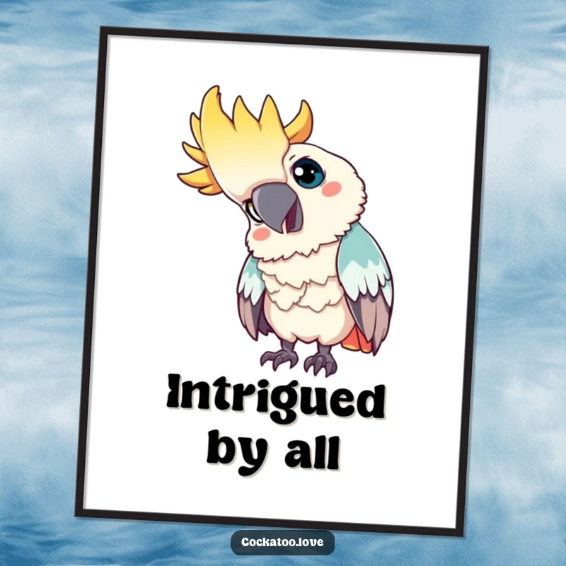 Funny digital art print: A curious cockatoo tilts its head, looking intently, symbolizing thoughtful observation in a humorous artwork.