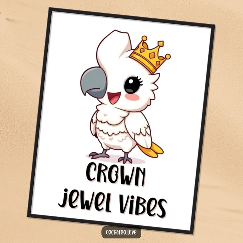 Funny cockatoo digital art print of a comical regal bird wearing a crown, striking a majestic pose, for instant humorous decor.