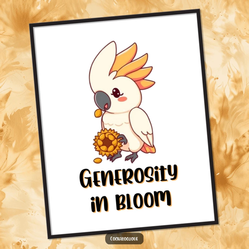 Funny cockatoo digital art print of a kind bird character offering a sunflower seed treat.