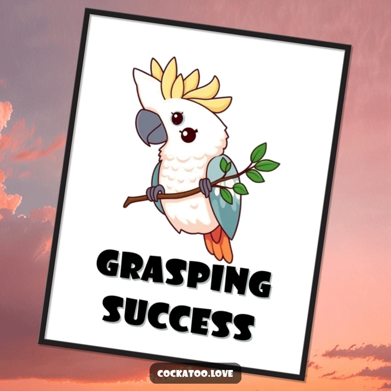 Funny cockatoo digital art print of a determined bird gripping a tiny, stylized branch, symbolizing unwavering focus and steadfast commitment.