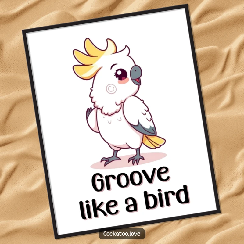 Funny cockatoo digital art print, showing a bird doing a hilarious shuffle dance, ready for instant download and display.