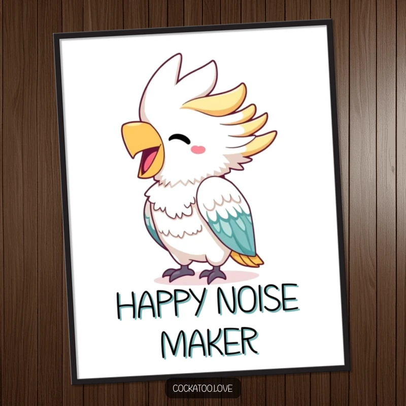 Funny cockatoo digital art print of a cheerful bird with a bright beak squawking with delight, symbolizing vibrant expression and pure happiness.