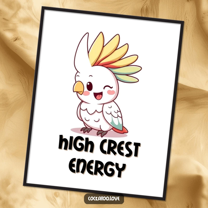 Funny cockatoo digital art print, happy bird character, vibrant crest raised high, instant download, cheerful design.