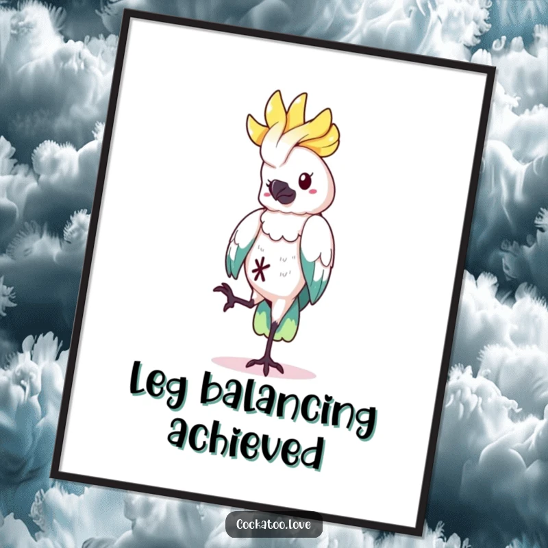 Funny Digital Art Print of a cockatoo character balancing playfully on one leg, radiating quirkiness and humor, a perfect funny gift.