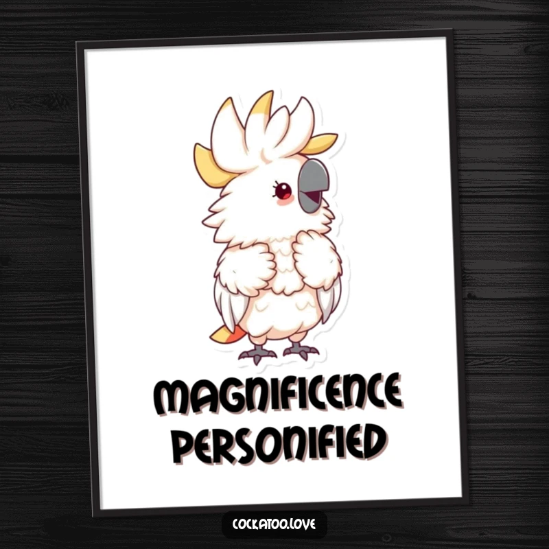 Funny Fluffy Cockatoo Digital Art Print of a delightful, fluffy cockatoo preening its feathers with an expression of pure joy.