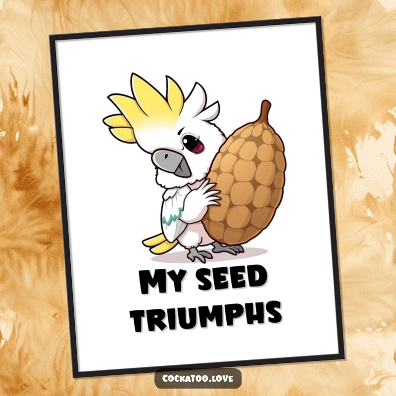 Funny cockatoo digital art print, depicting a determined bird cracking a giant seed with a hilarious grin, ready to download and frame.