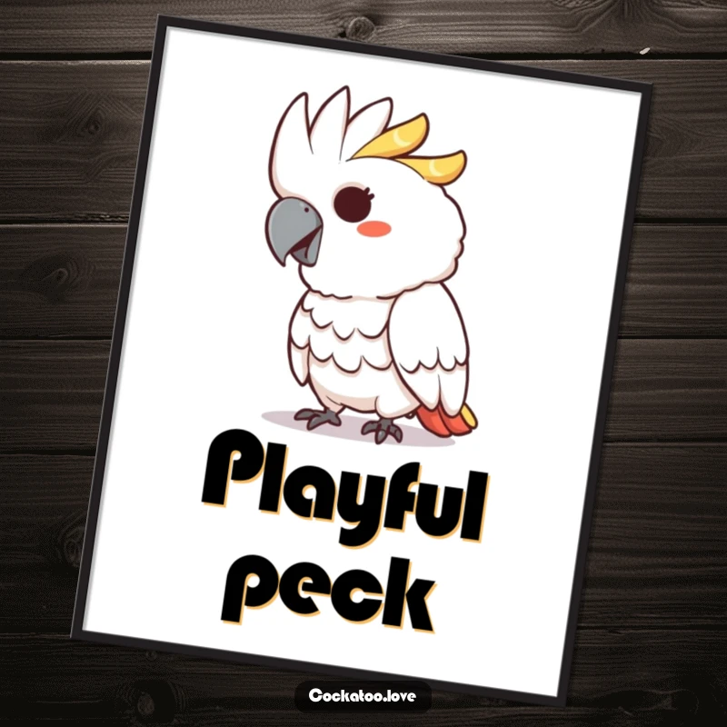 Funny digital art print of a cockatoo character with a mischievous grin playfully pecking, exuding playful charm.