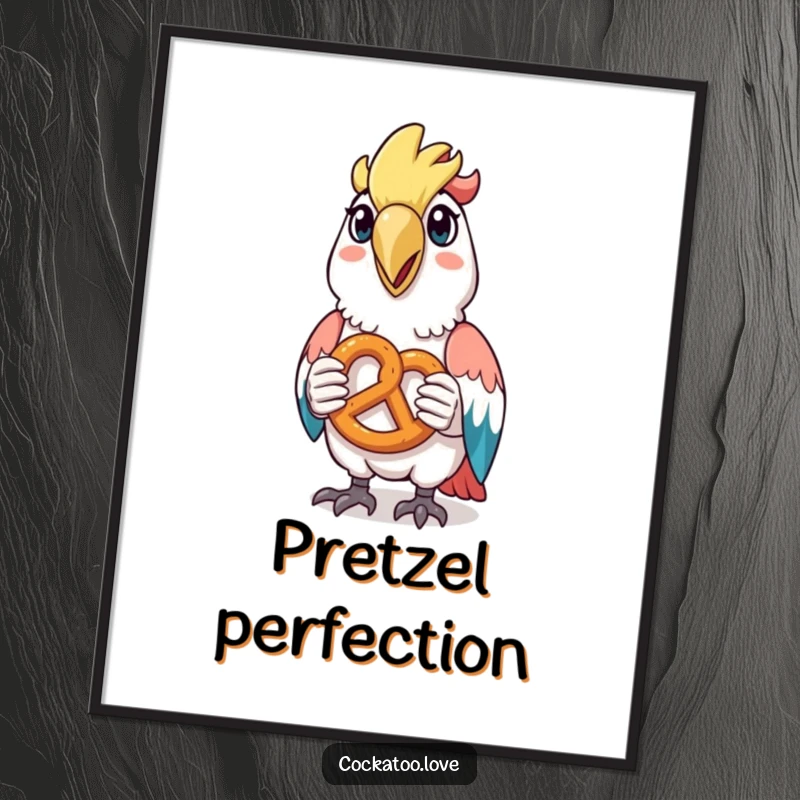 Funny digital art of a happy cockatoo holding a tiny pretzel, a delightful and snack-themed printable graphic.