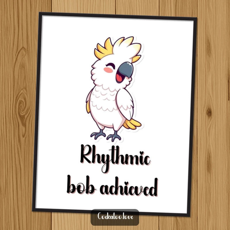 Funny Digital Art Print of a cockatoo character bobbing rhythmically with a smile, radiating joy and humor, a perfect funny gift.