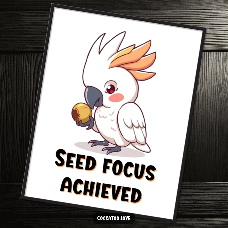 Funny Digital Art Print of a determined cockatoo character pecking a seed, evoking focus and humor, a perfect funny gift.