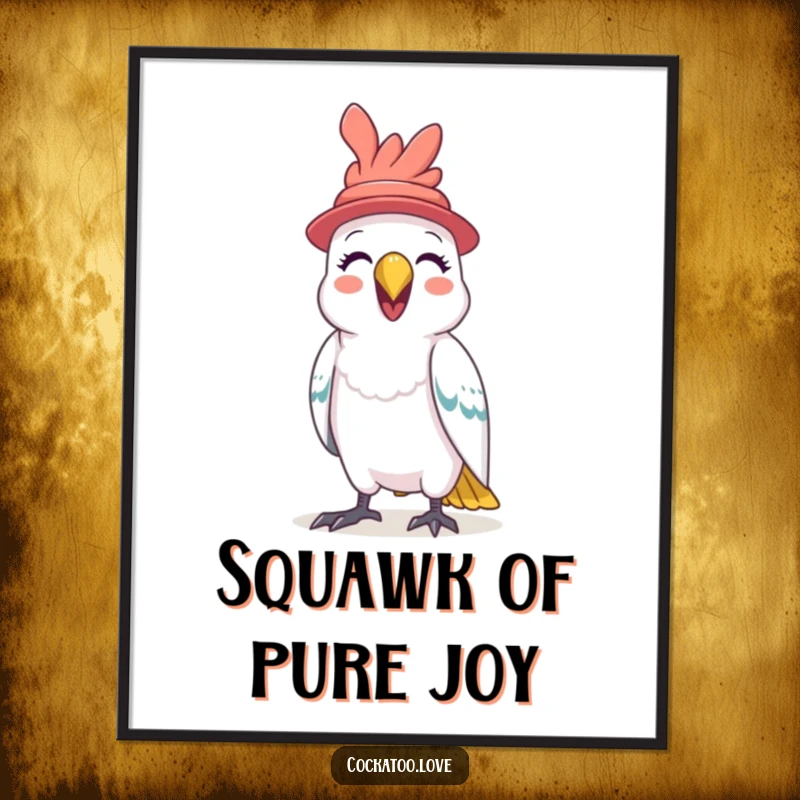Funny Cockatoo Hat Digital Art Print a cheerful bird in a small hat squawks with delight, offering immediate humorous decoration and a quirky vibe.