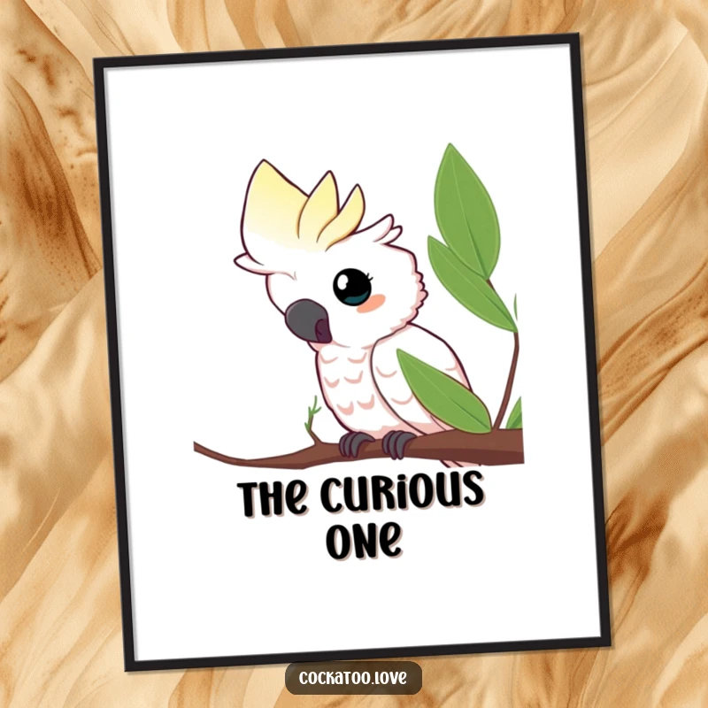 Funny digital art print of a curious cockatoo peeking from behind a leaf, perfect for adding playful and intriguing decor, a downloadable funny gift.
