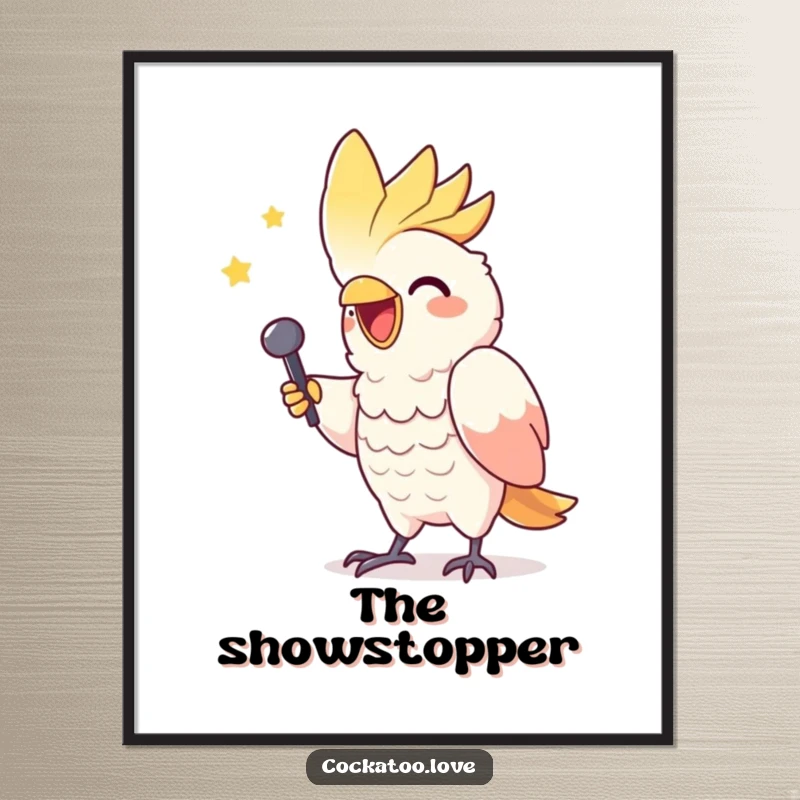 Funny digital art print of a gleeful cockatoo character mimicking a triumphant singer with dramatic flair and passion.