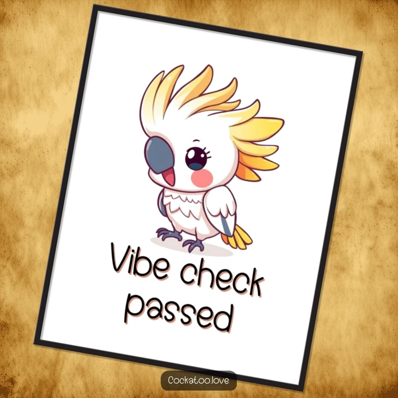 Funny cockatoo digital art print of a cute, colorful crested bird energetically bobbing its head, exuding joy and playful movement.