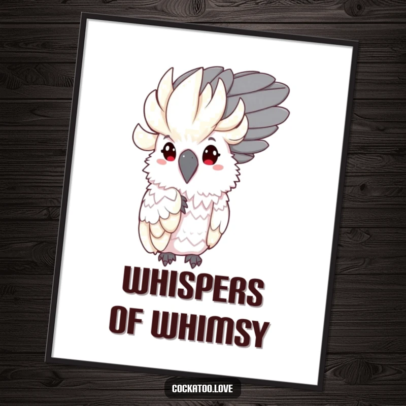 Funny Shy Cockatoo Digital Art: High-resolution digital artwork of a shy bird character humorously peeking from behind a large feather.