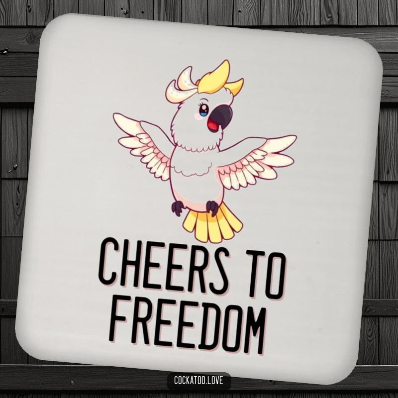 Funny cockatoo drink coaster featuring a happy bird with spread wings in mid-flight, adding a touch of whimsy and joy to any table.