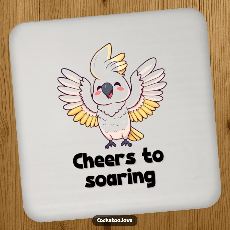 Funny coaster: A happy cockatoo joyfully stretches its wings wide, adding a touch of humor and joy to any surface.