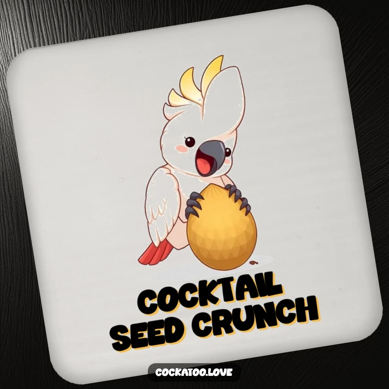 Funny Drink Coaster featuring a happy cockatoo bird pecking at a large seed, a delightful and humorous accessory.