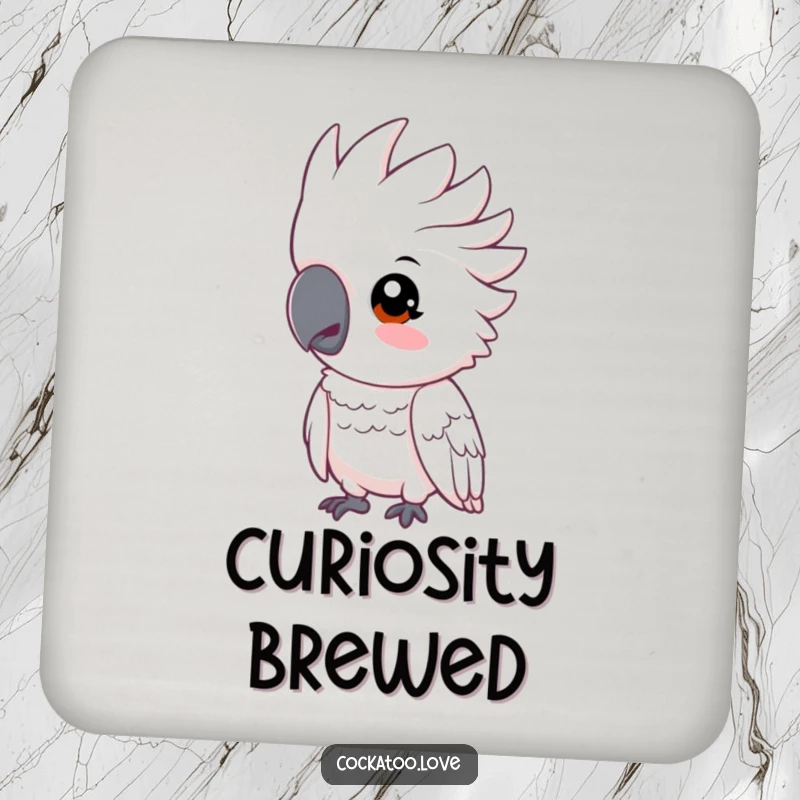 Funny cockatoo coasters with a bird tilting its head inquisitively, protecting surfaces with humor.