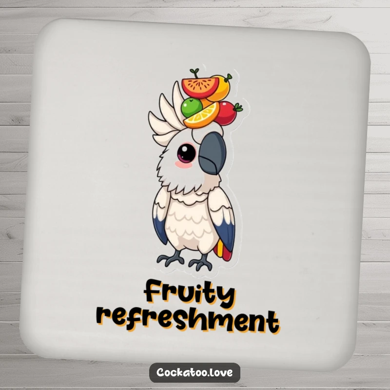 Determined cockatoo bird character balancing a stack of colorful fruits on its head, featured on a drink coaster.