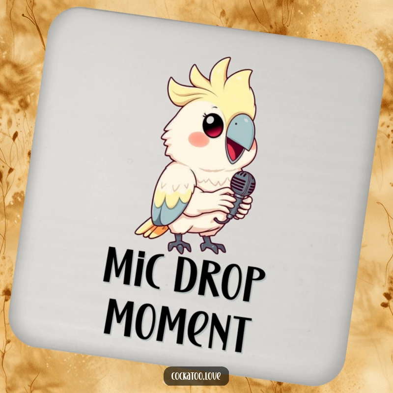 Funny cockatoo coasters with a smiling bird holding a tiny microphone, protecting surfaces.