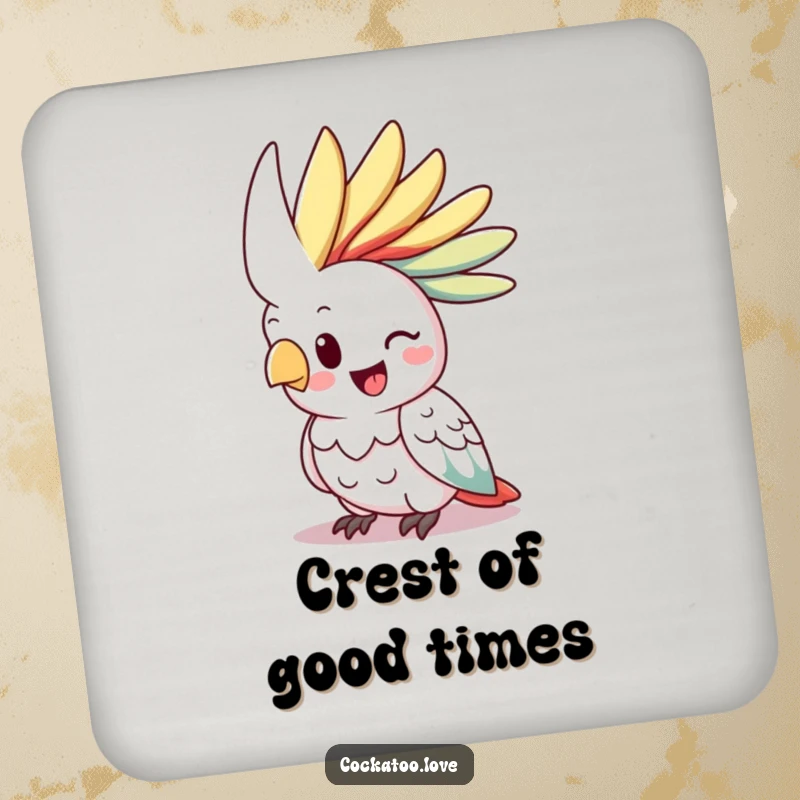 Funny cockatoo coasters, happy bird with vibrant raised crest, cheerful table protection, adding personality to drinks.
