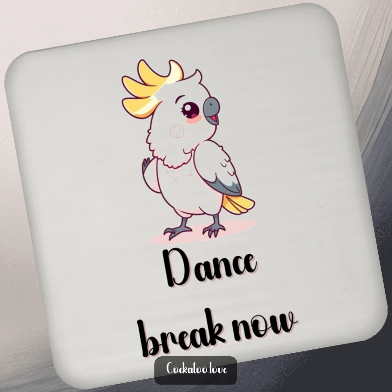 Funny cockatoo coaster, showing a bird performing a charmingly funny shuffle dance, adding amusement to drink placement.