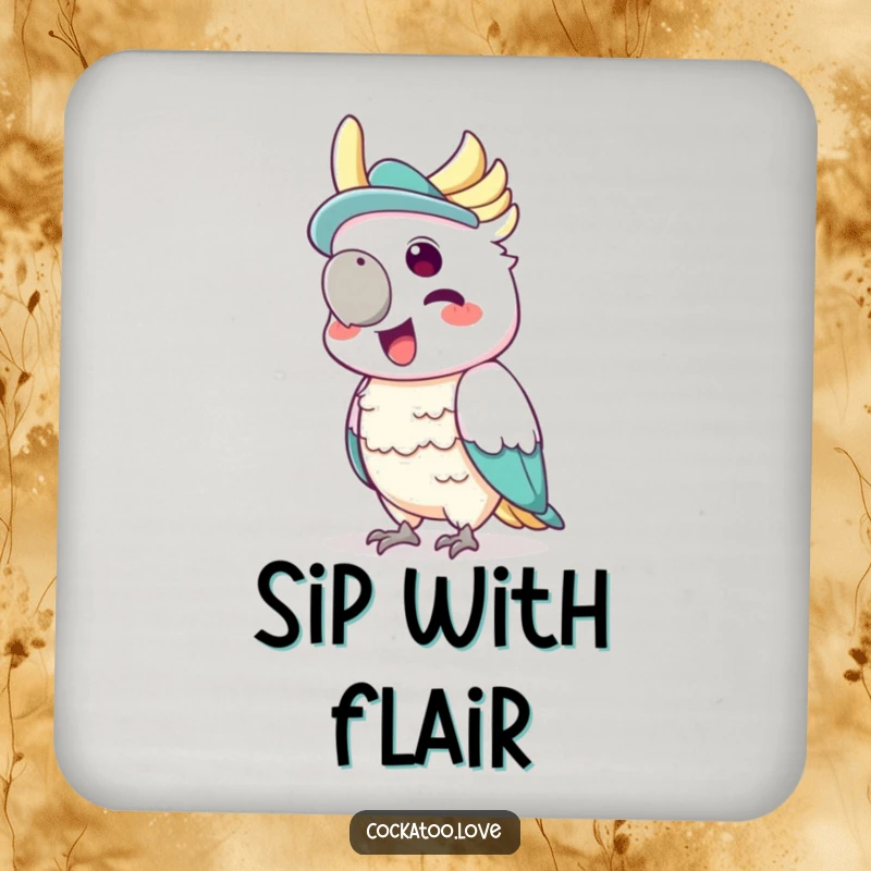 Funny drink coaster featuring a cockatoo wearing a tiny hat, joyfully squawking with glee.