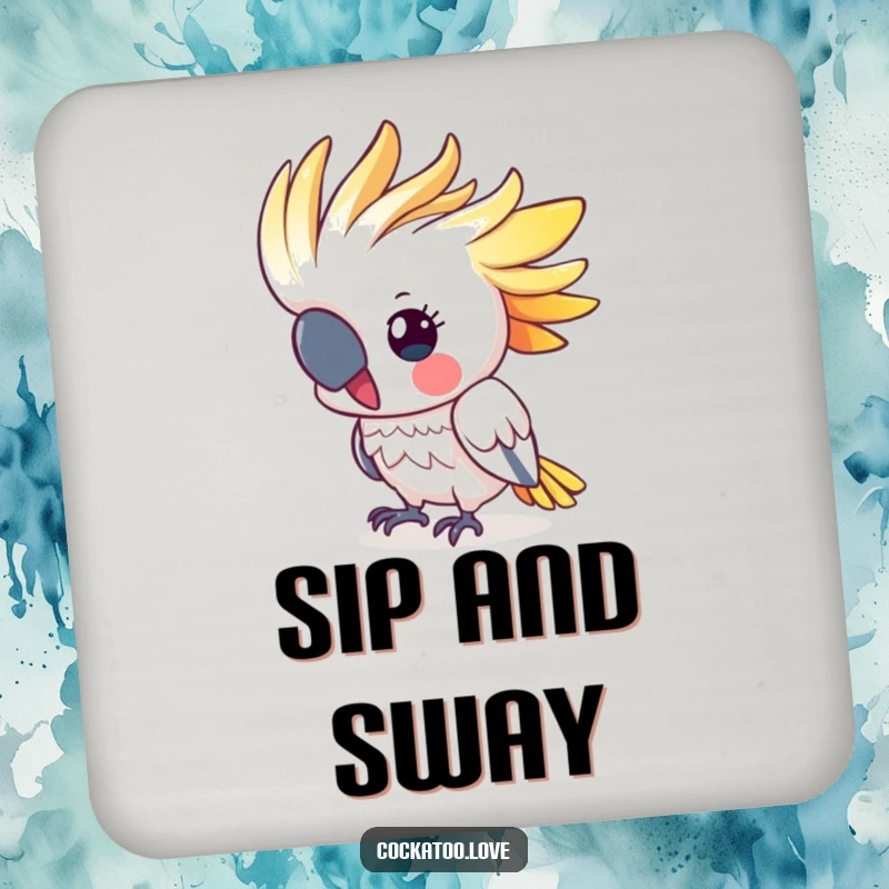 Funny cockatoo drink coaster featuring a cute, colorful crested bird energetically bobbing its head, adding a whimsical touch to any table.