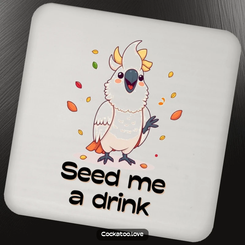 Funny cockatoo coaster depicting a cheerful bird mid-juggling act with colorful seeds, protecting surfaces.