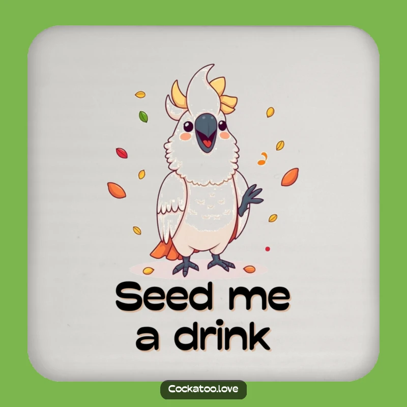 Funny Cockatoo Juggling Seeds Drink Coaster: Protect Surfaces with Humorous Bird Art