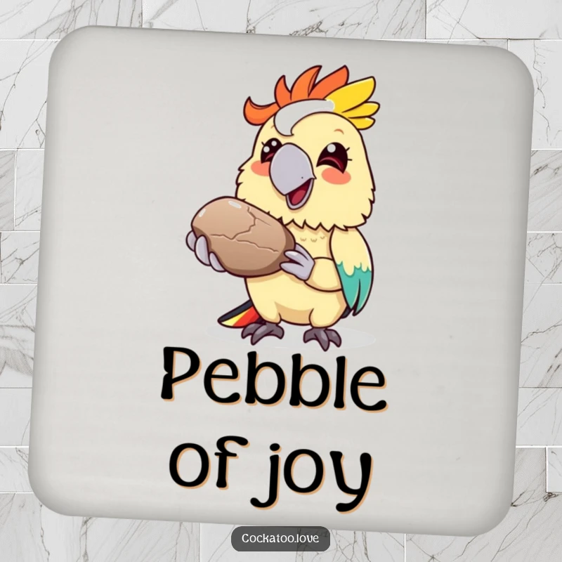 Funny cockatoo coasters, colorful bird offering a shiny pebble with a grin, cute table protection, symbolizing friendship.