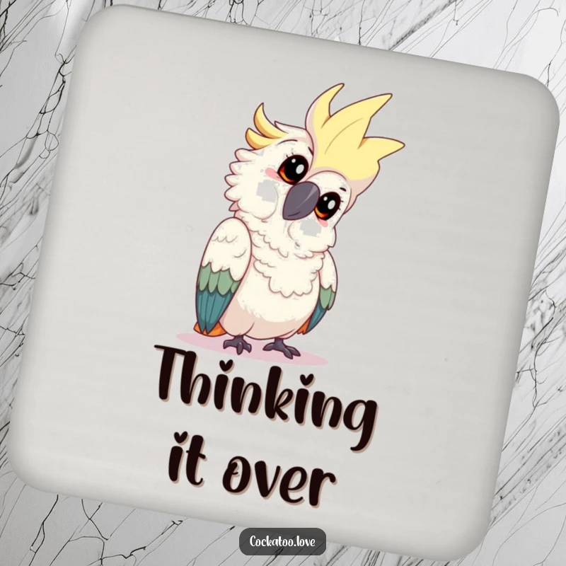 Funny cockatoo drink coaster featuring a playful bird tilting its head with an inquisitive expression, adding a touch of curiosity to any table.
