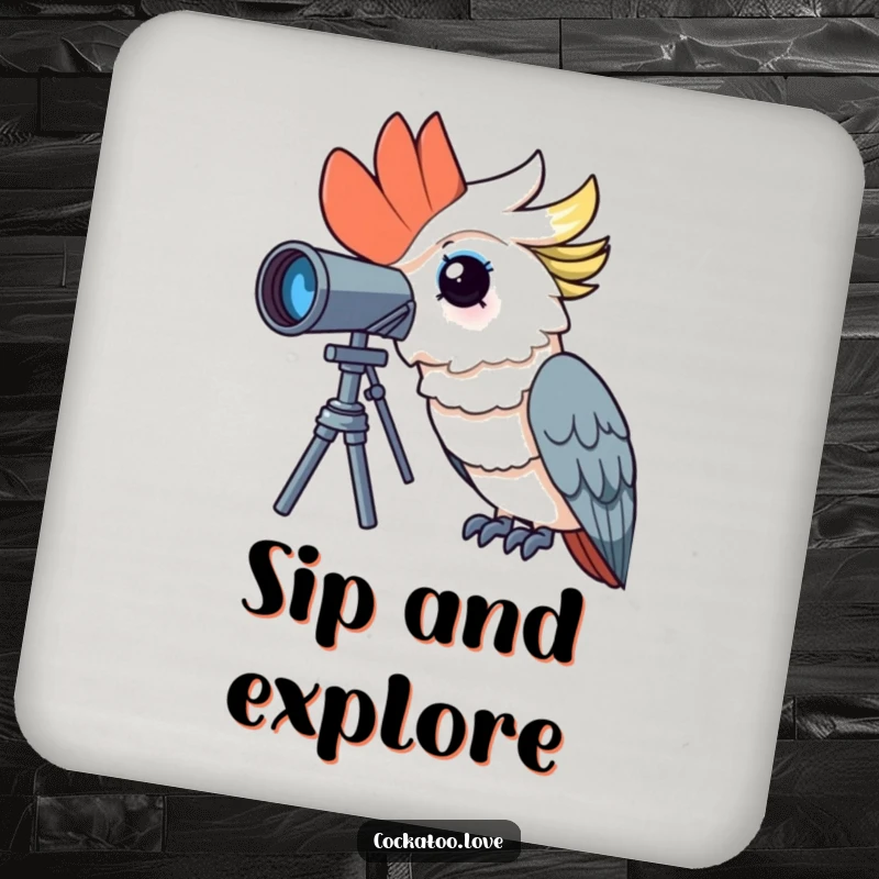 Funny cockatoo coaster with a curious bird looking through a telescope with wonder, perfect for protecting surfaces humorously.