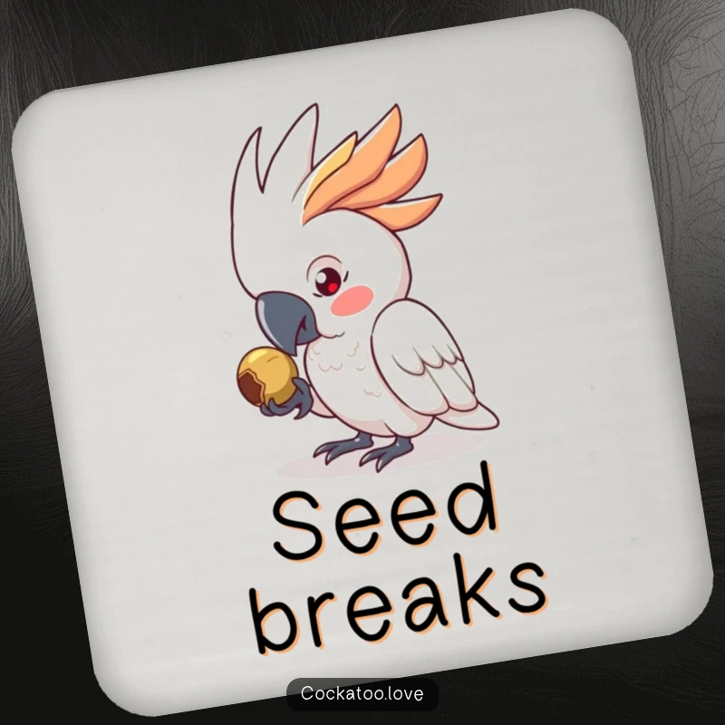 Funny Drink Coaster featuring a determined cockatoo character focused on pecking a seed, adding humor and protection as a funny gift.