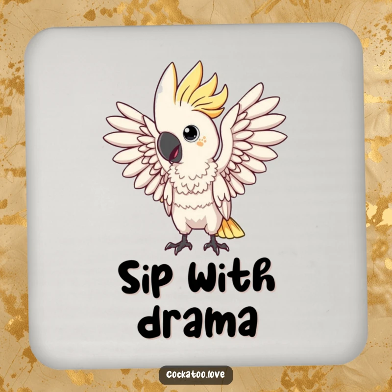 Funny drink coaster featuring a cockatoo bird in a dramatic pose with outstretched wings. This accessory adds flair and protects surfaces.