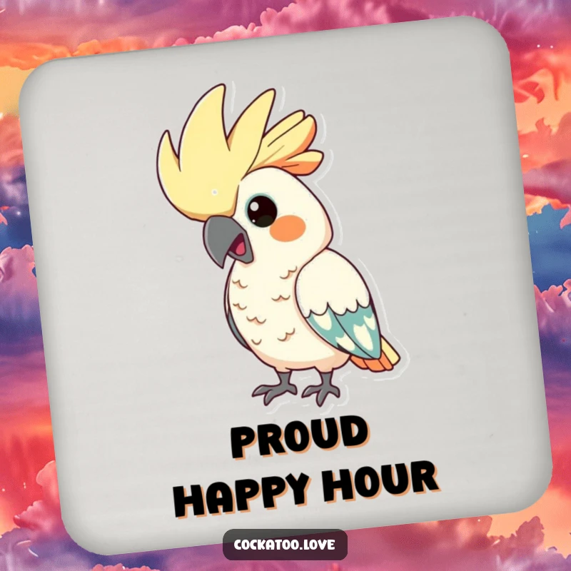 Funny cockatoo coaster, showing a bird with its crest comically puffed up, adding a touch of proud humor to any surface.