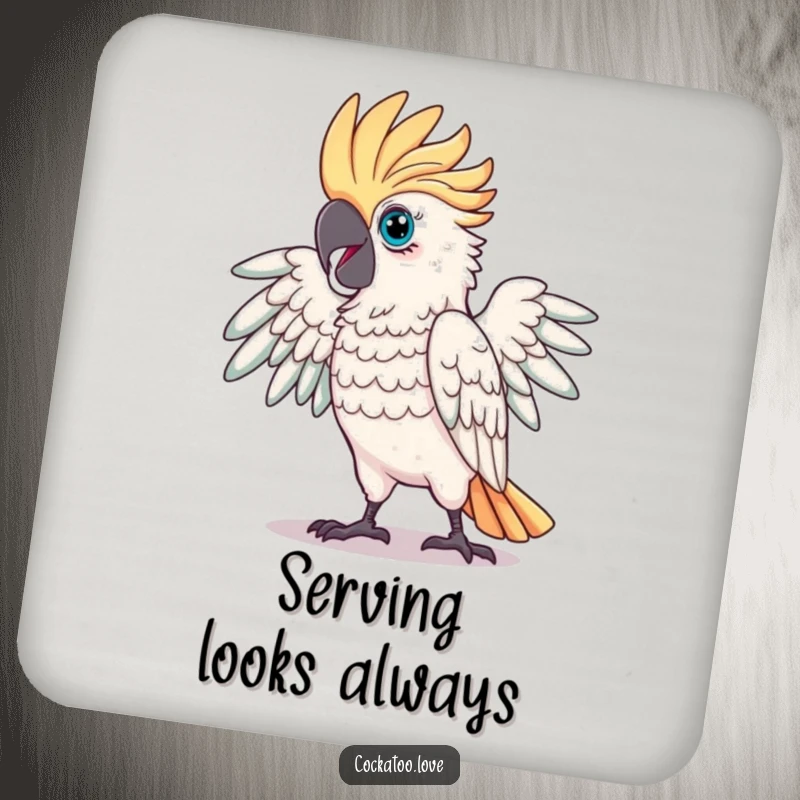 Funny Proud Cockatoo Drink Coasters featuring a magnificent cockatoo striking a dramatic pose, protecting surfaces with flair.