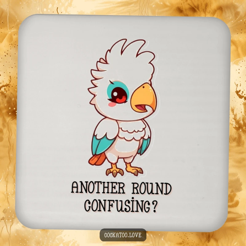 Funny Quizzical Cockatoo Drink Coaster: A cockatoo character tilting its head quizzically, adding thoughtful charm to drink surfaces.
