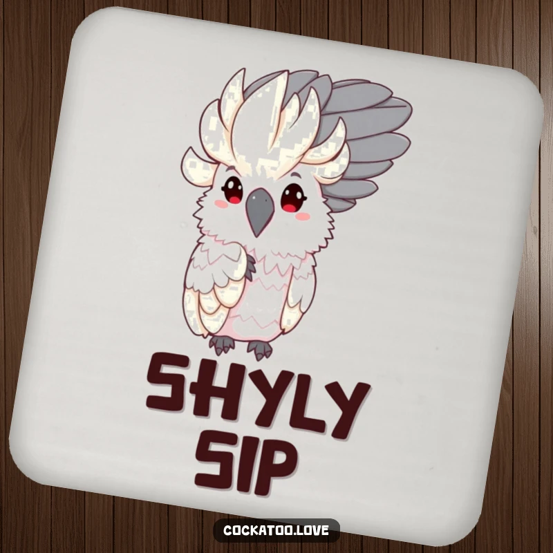 Funny Shy Cockatoo Coaster: Artistic coaster featuring a shy bird character peeking from behind a whimsical feather.
